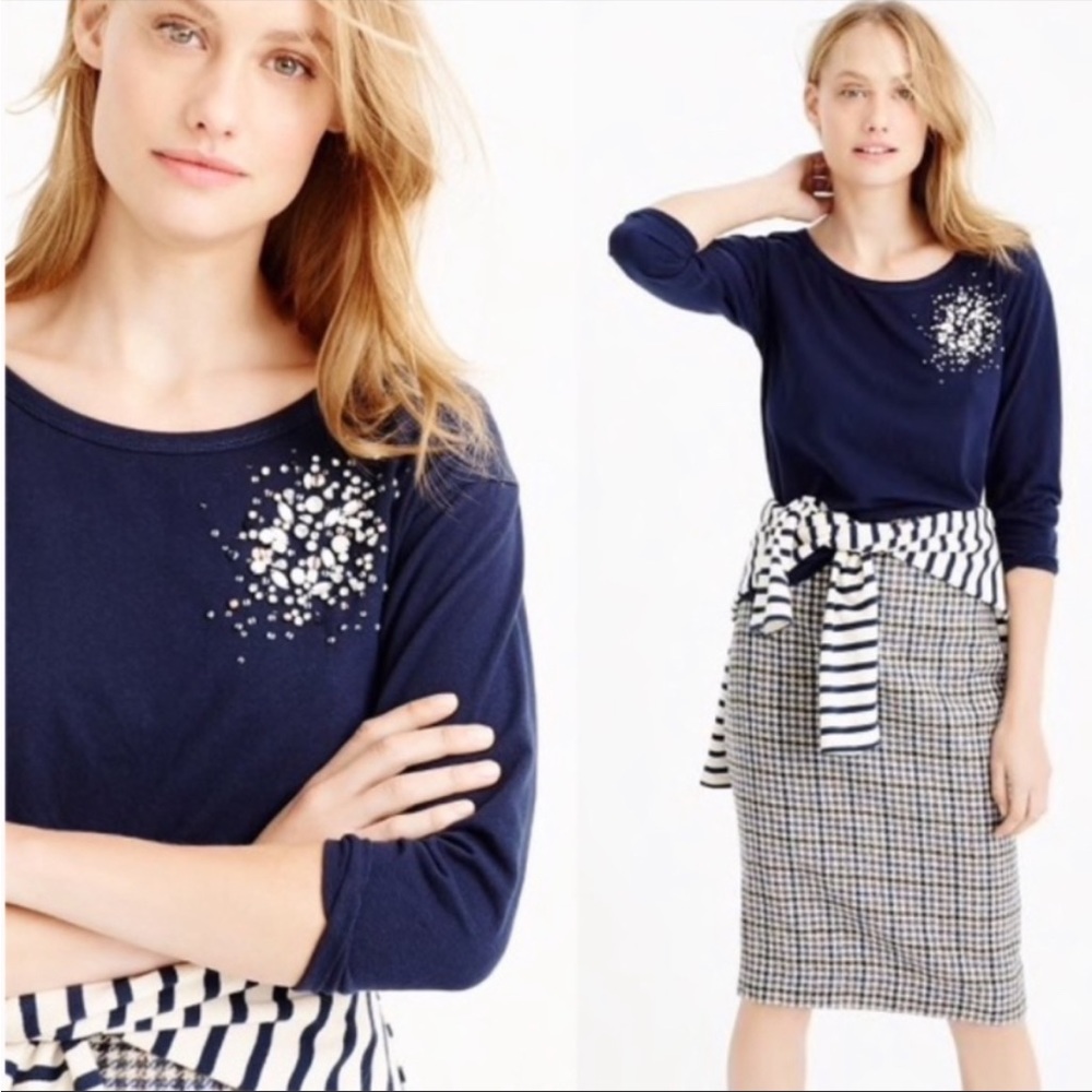 J crew | xs navy blue embellished t shirt 3/4 sleeve